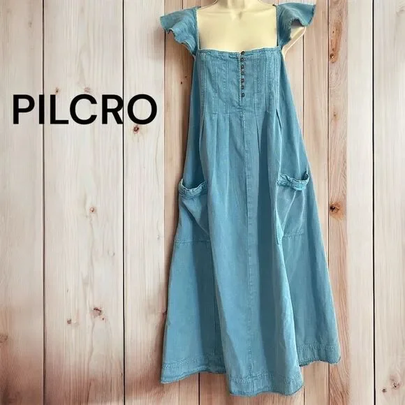 knee length dresses for ladies Pilcro and the Letterpress Blue Denim Fit-and-Flare Midi Dress – SilkRoll